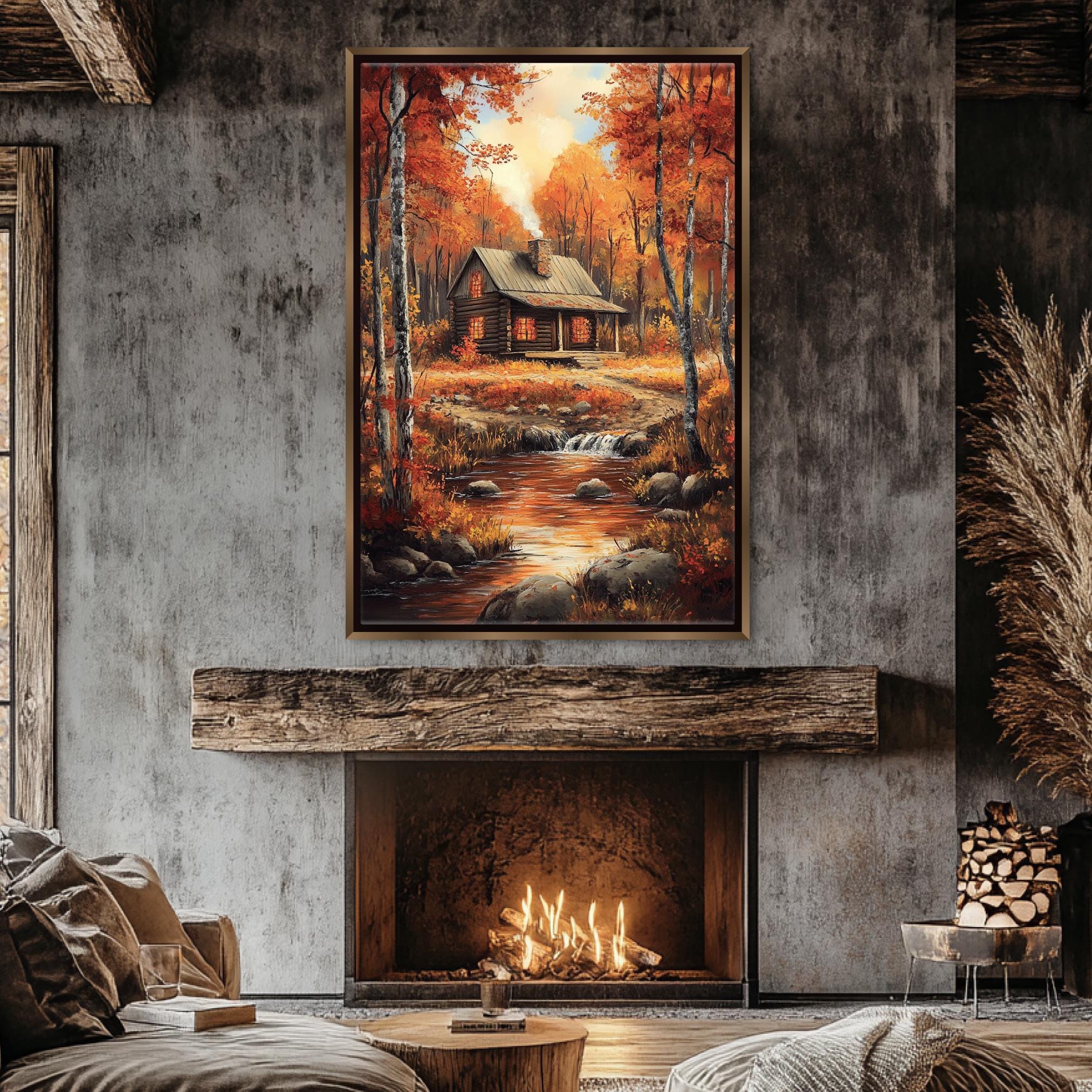 a cozy cabin nestled in a picturesque autumn landscape, with a warm fireplace and a comfortable seating area in the foreground.