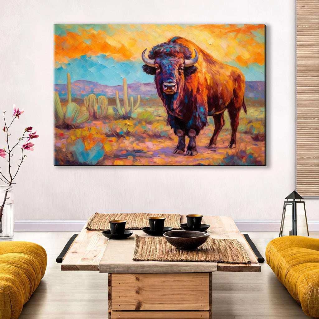 a large painting of a buffalo in a desert landscape, hanging on a wall above a wooden coffee table with a bowl and cups on it.