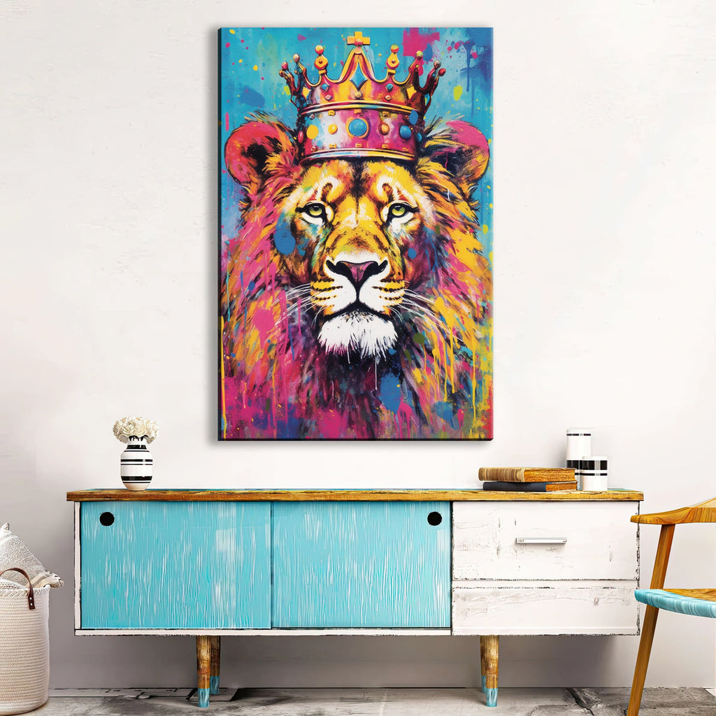 Lion Canvas Print – Large Gallery Wrapped Canvas Wall Art With Crowned Lion Design