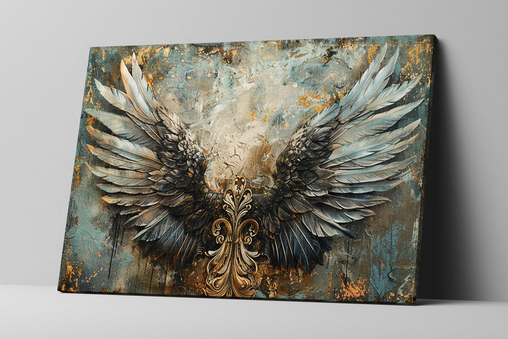 Angel Wings Wall Art – Large Canvas Art | Blue and Gold Painting, Ornate Feather Design
