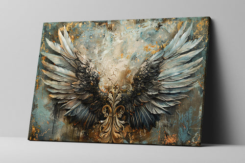 Angel Wings Wall Art – Large Canvas Art | Blue and Gold Painting, Ornate Feather Design