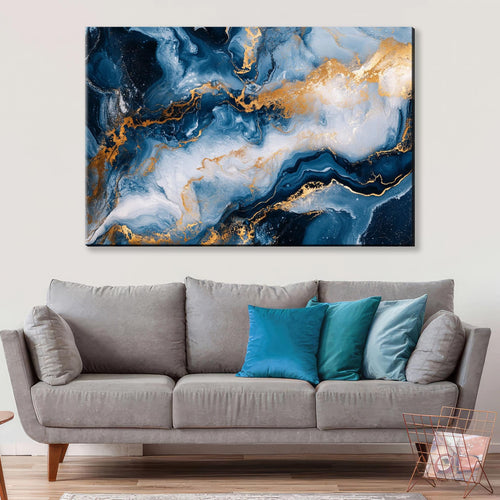 a living room with a couch and a painting on the wall