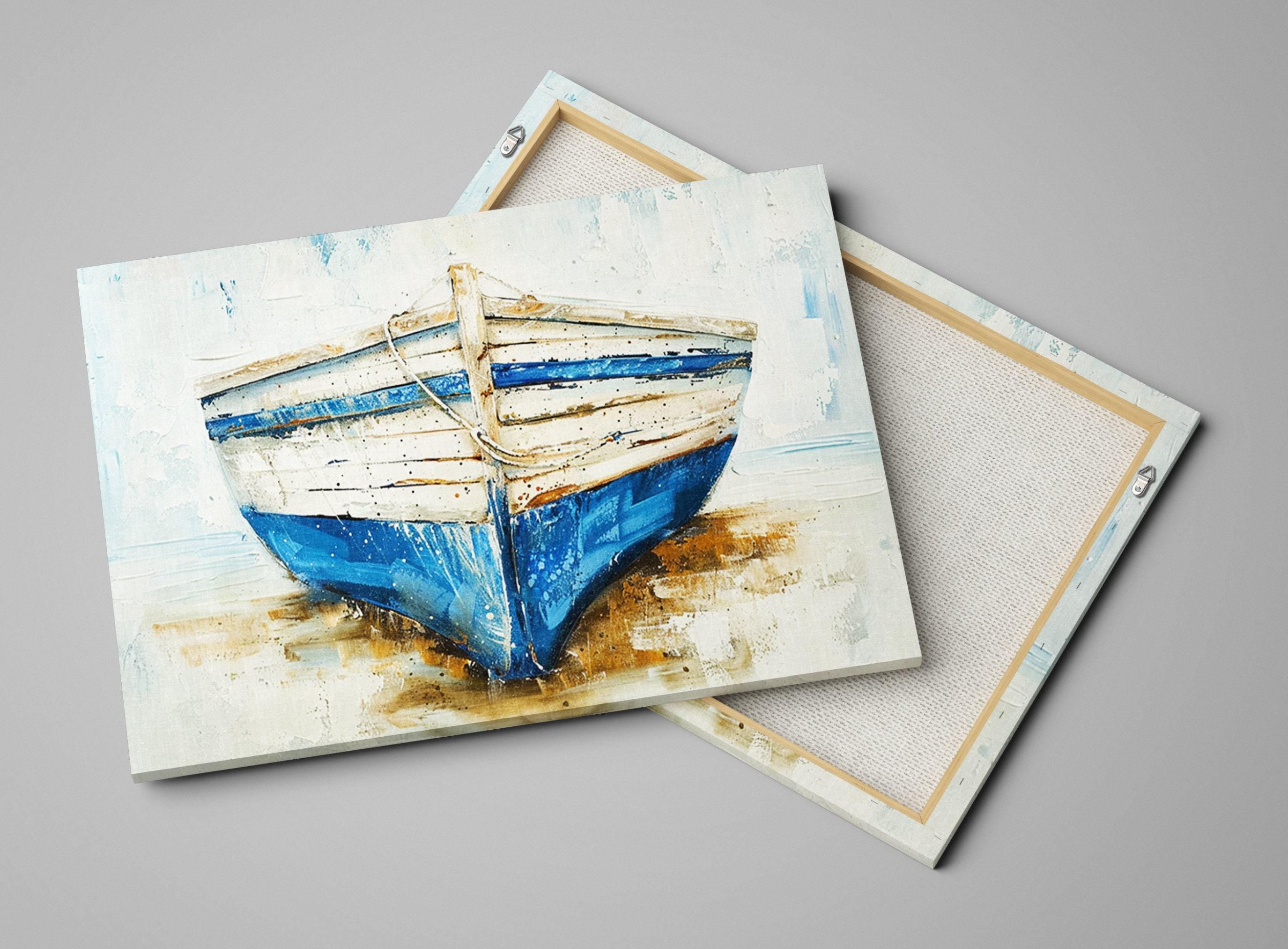 Coastal Blue White Boat - Gallery Wrapped Canvas | Extra Large Nautical Wall Art