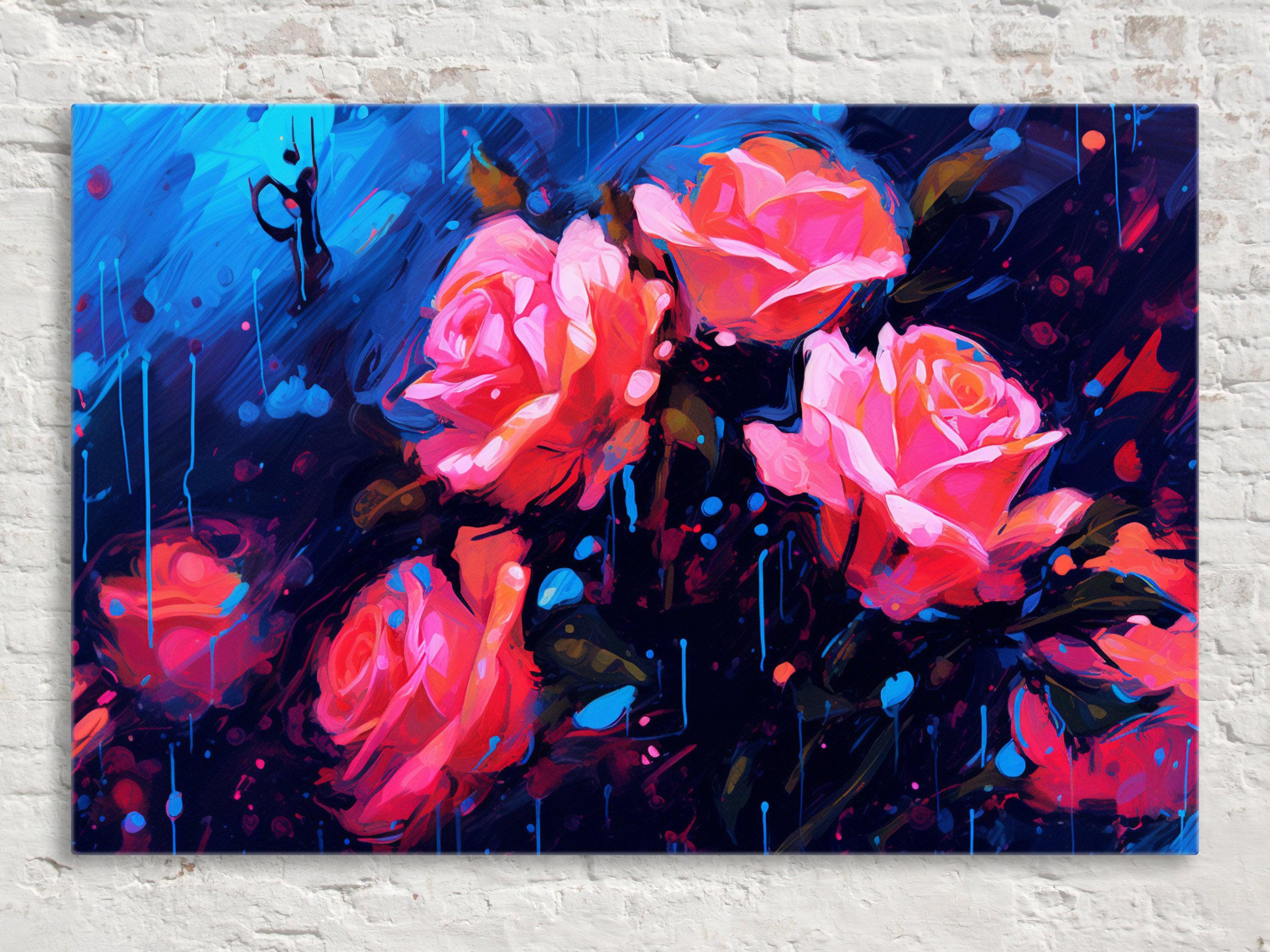 Abstract Roses Canvas | Extra Large Floral Wall Decor - Vibrant Paint Drip Artwork