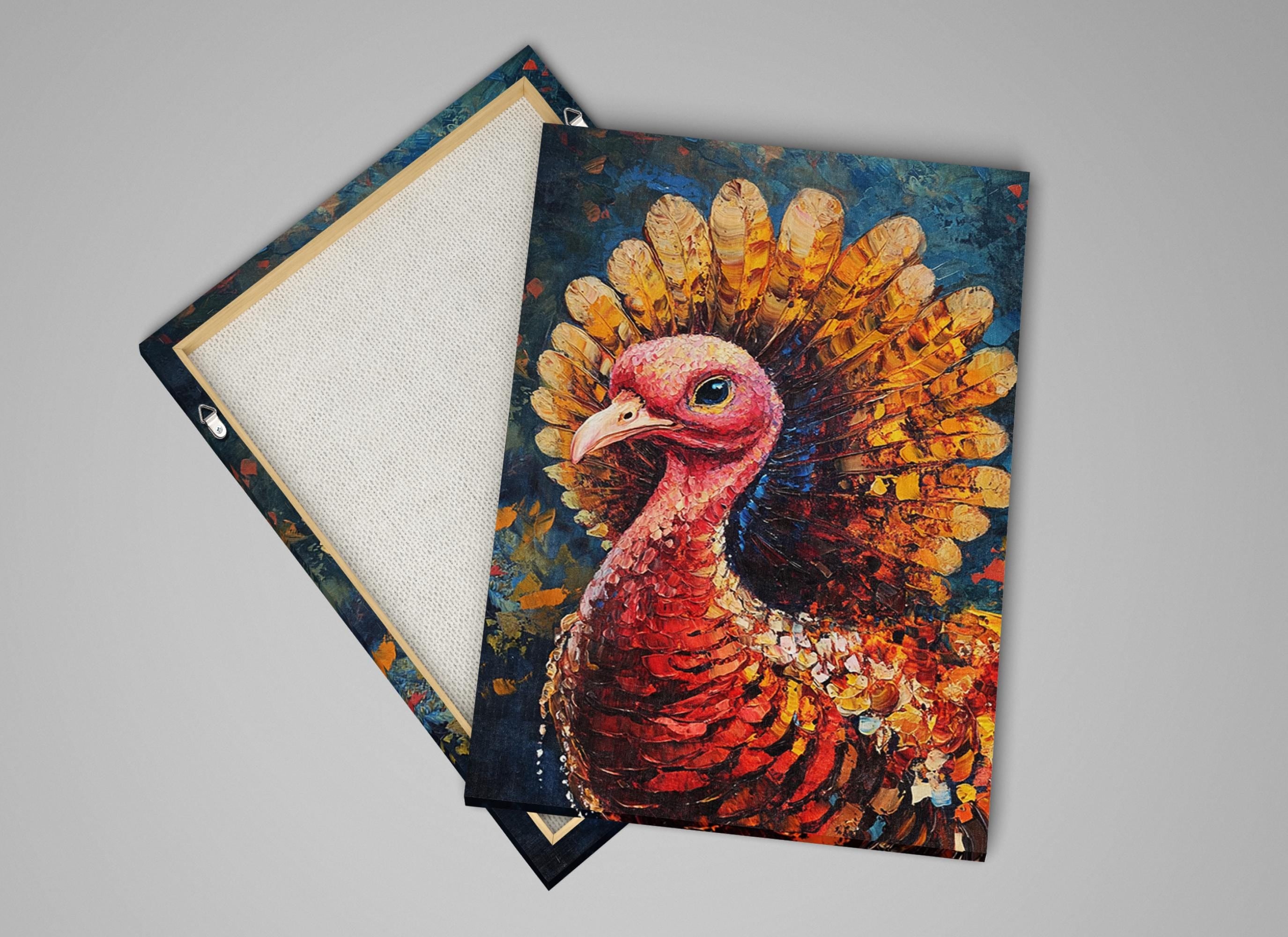a vibrant, colorful painting of a turkey with its head turned to the side, showcasing its distinctive feathers and intricate patterns.