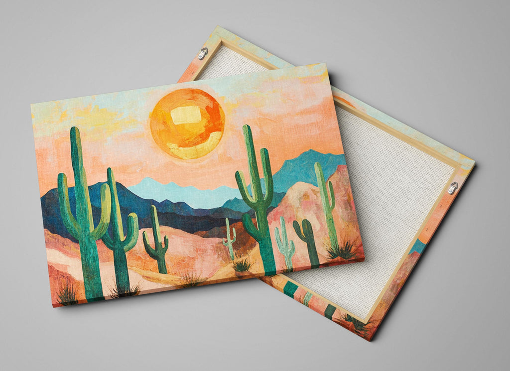 a painting of a desert scene with cactus trees