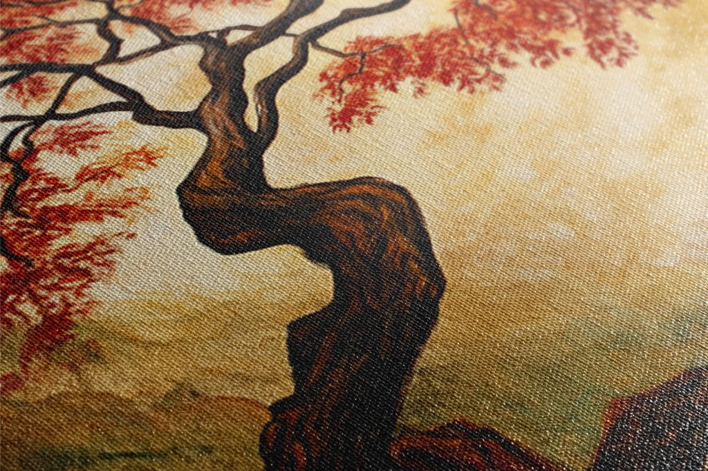 a painting of a tree with red leaves