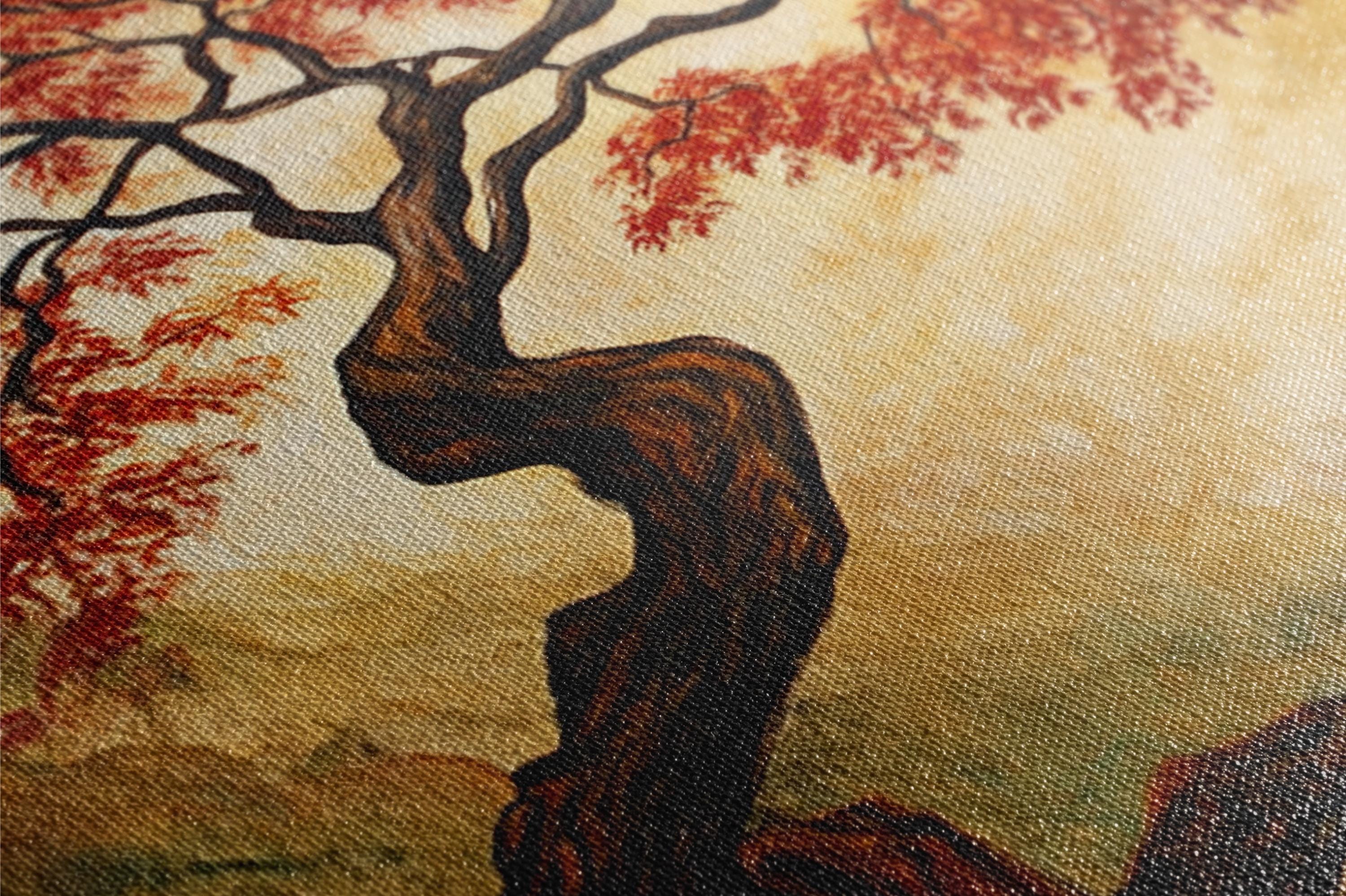a painting of a tree with red leaves