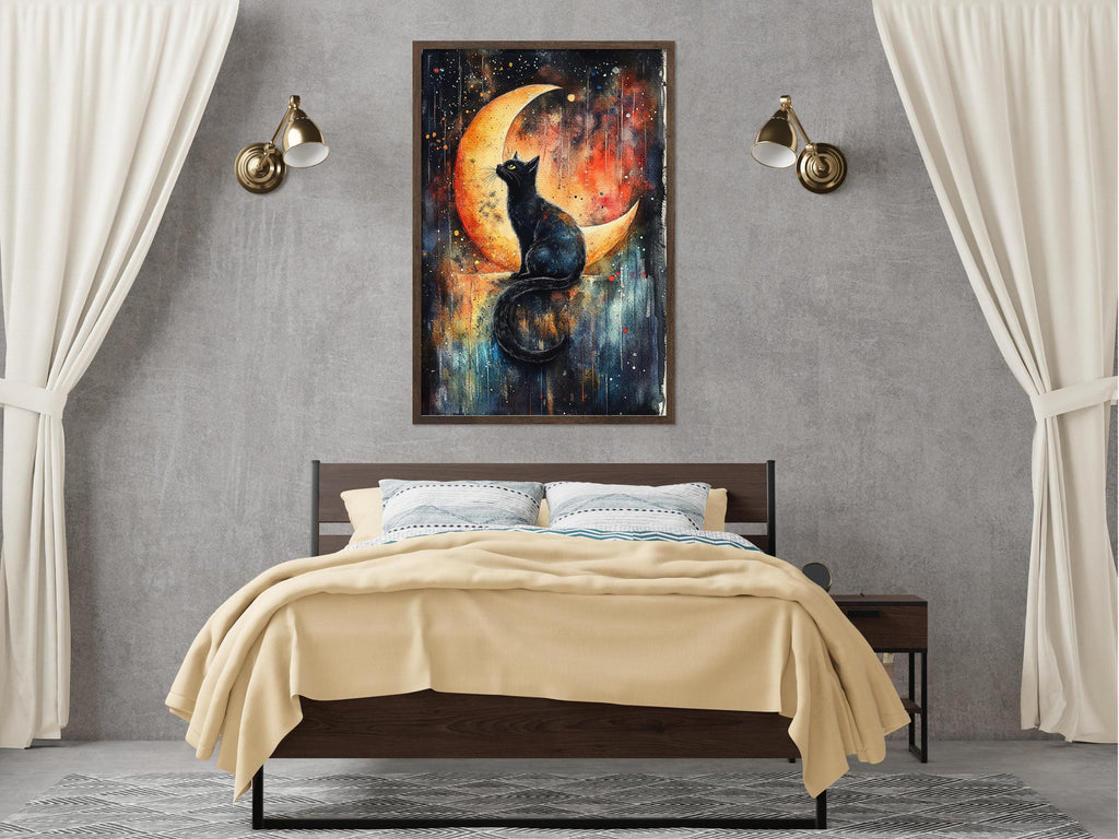 a bedroom with a large bed, a nightstand, and a framed painting of a cat sitting on a crescent moon.