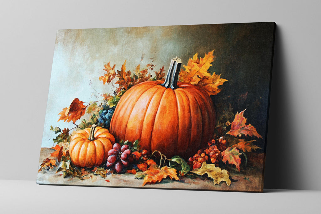 a still life painting of two pumpkins and some grapes, surrounded by autumn leaves.