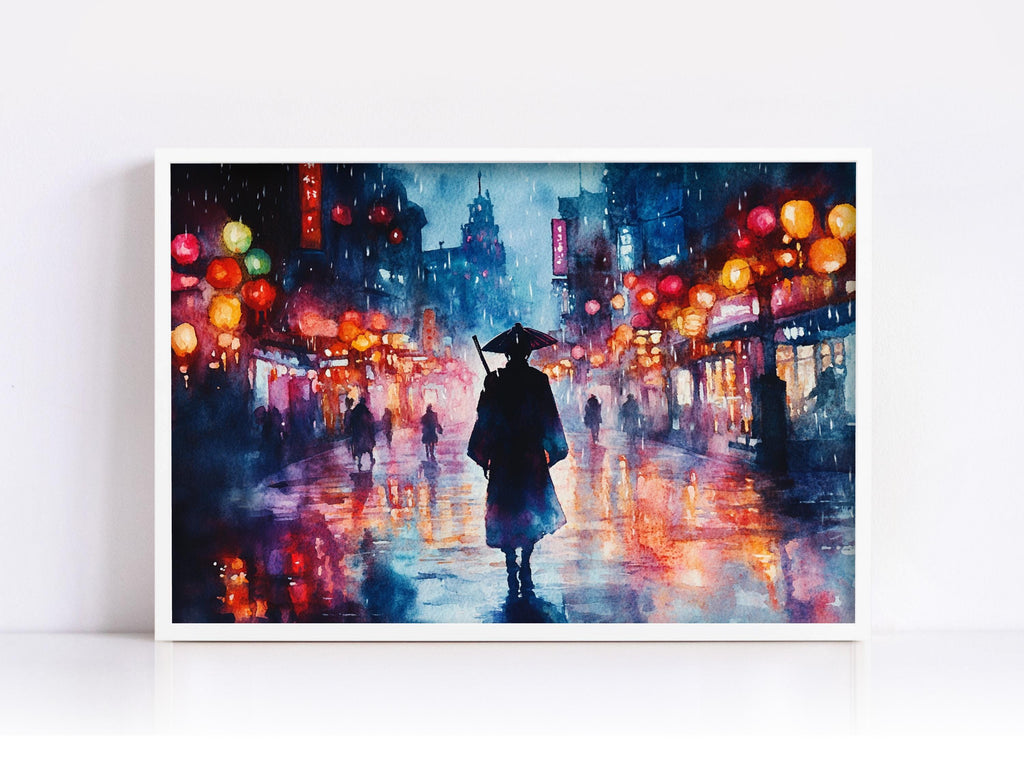 A painting depicting a person walking down a city street at night, with colorful lights and reflections on the wet pavement.