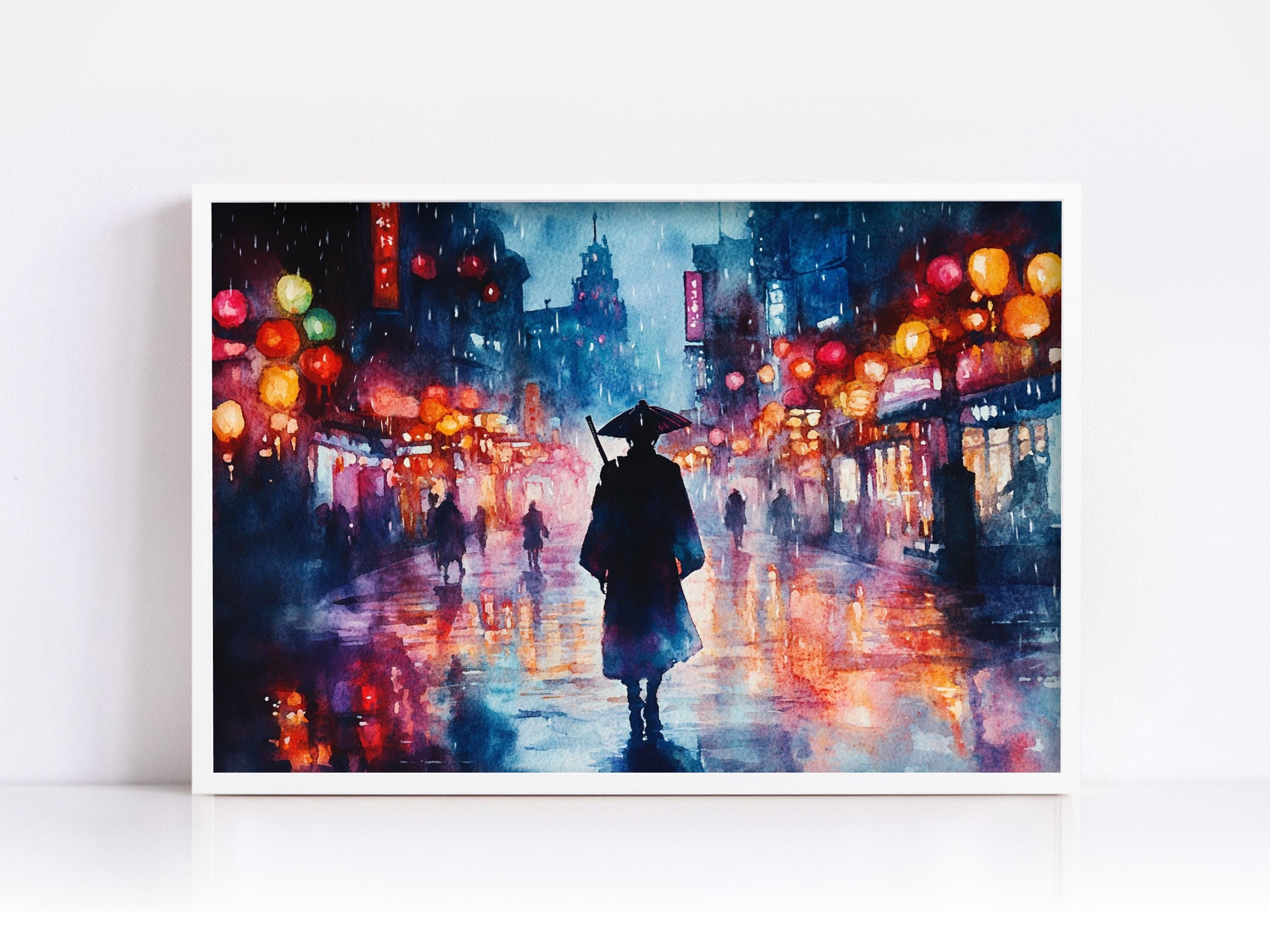 A painting depicting a person walking down a city street at night, with colorful lights and reflections on the wet pavement.