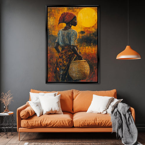 a painting of a woman carrying a basket in a living room