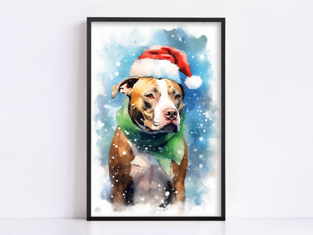 Festive Pitbull in Santa Hat Watercolor Art Print, Giclee Print on Canvas, Artist Paper, Watercolor Paper, Available in Extra Large Sizes