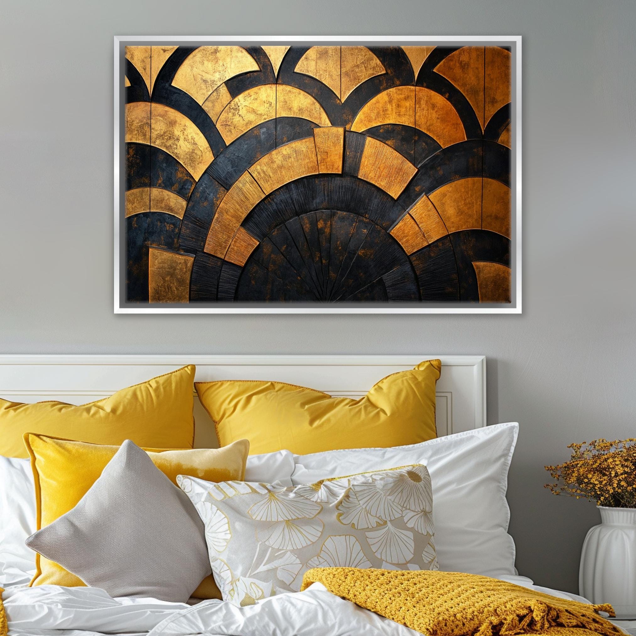 a bed with a white headboard and yellow pillows