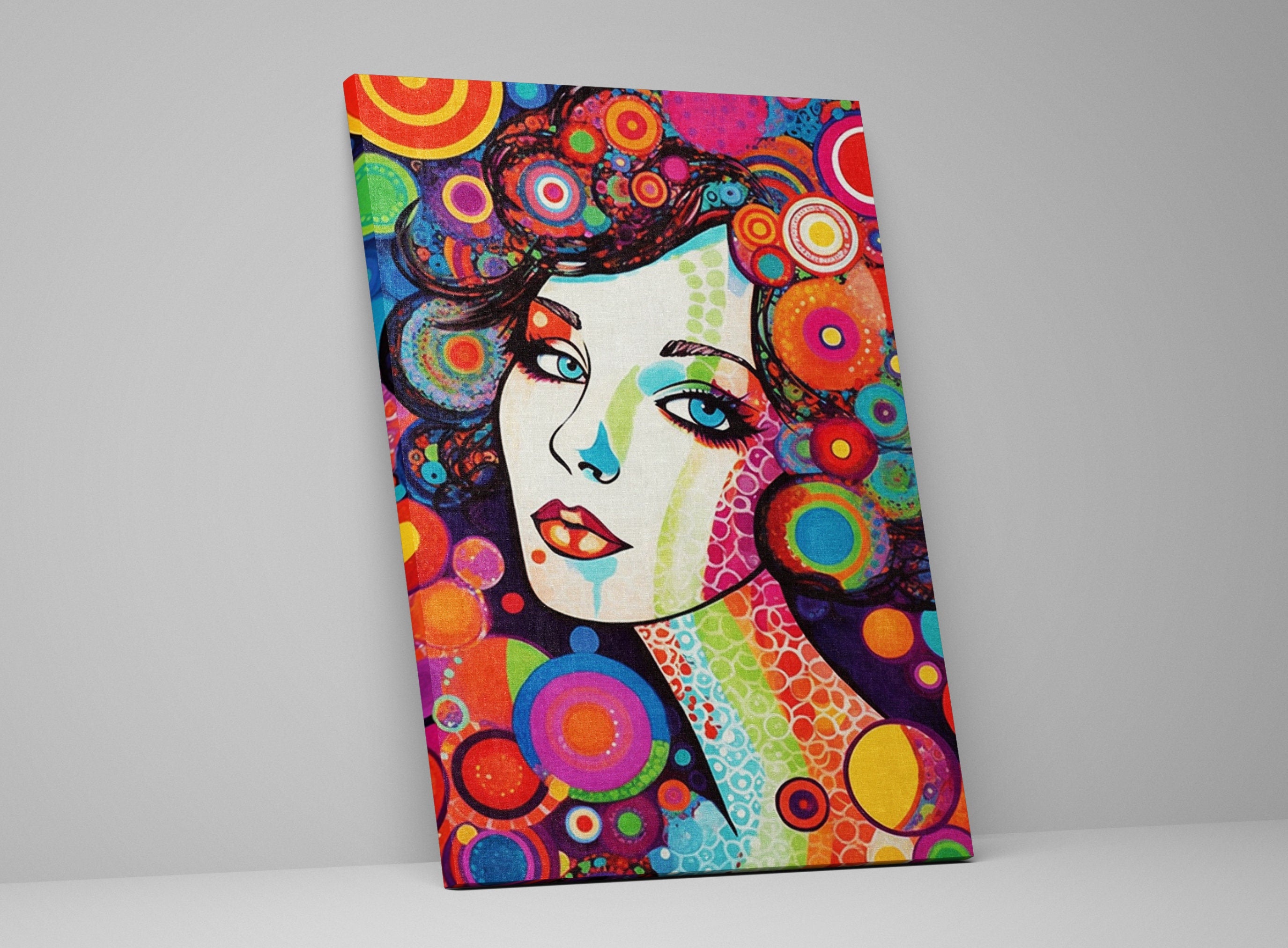 Retro Glam Canvas Art - Large Feminine Beauty Painting | Expressive Woman Face Pop Art