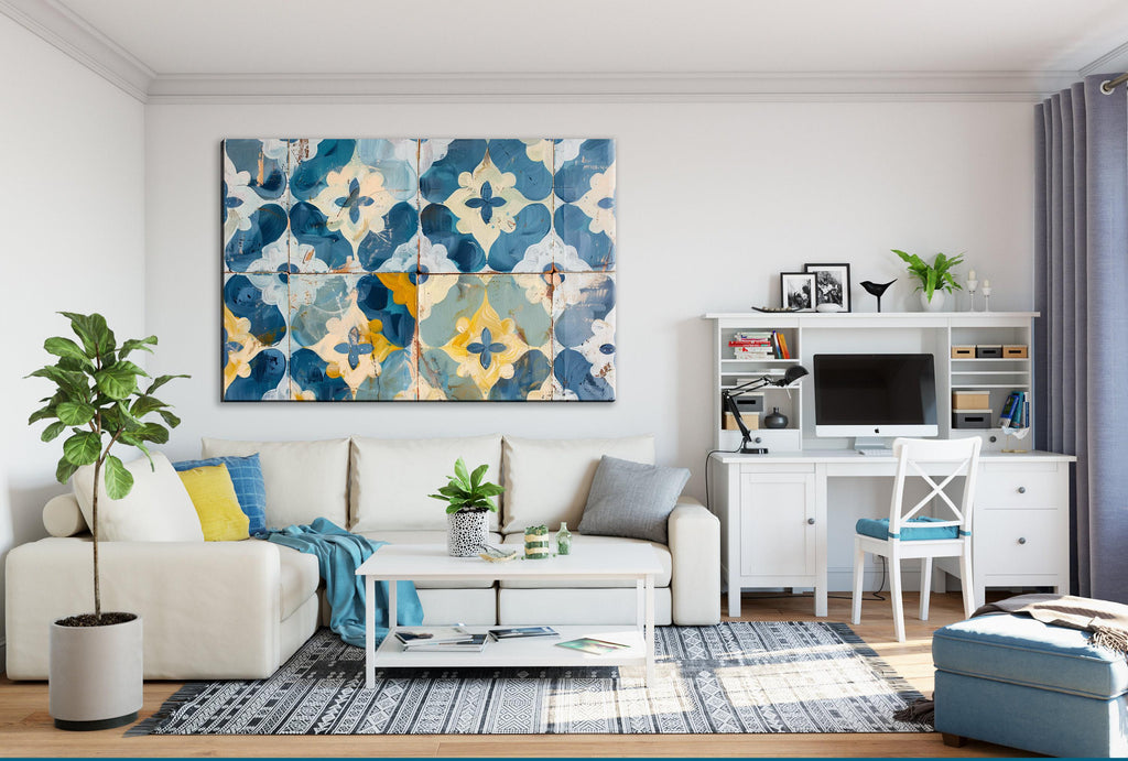 Farmhouse Wall Art – Blue Yellow Canvas Floral Tile Print on Gallery Wrapped Canvas