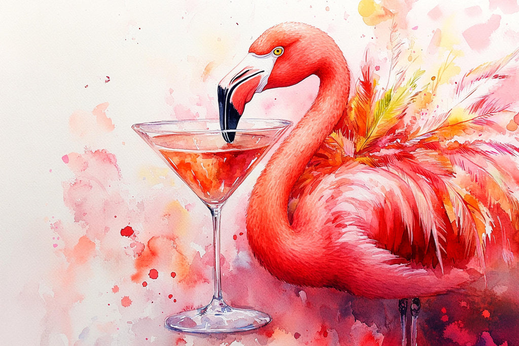 A vibrant watercolor painting depicts a flamingo standing next to a martini glass filled with a red drink, set against a background of pink and orange hues.