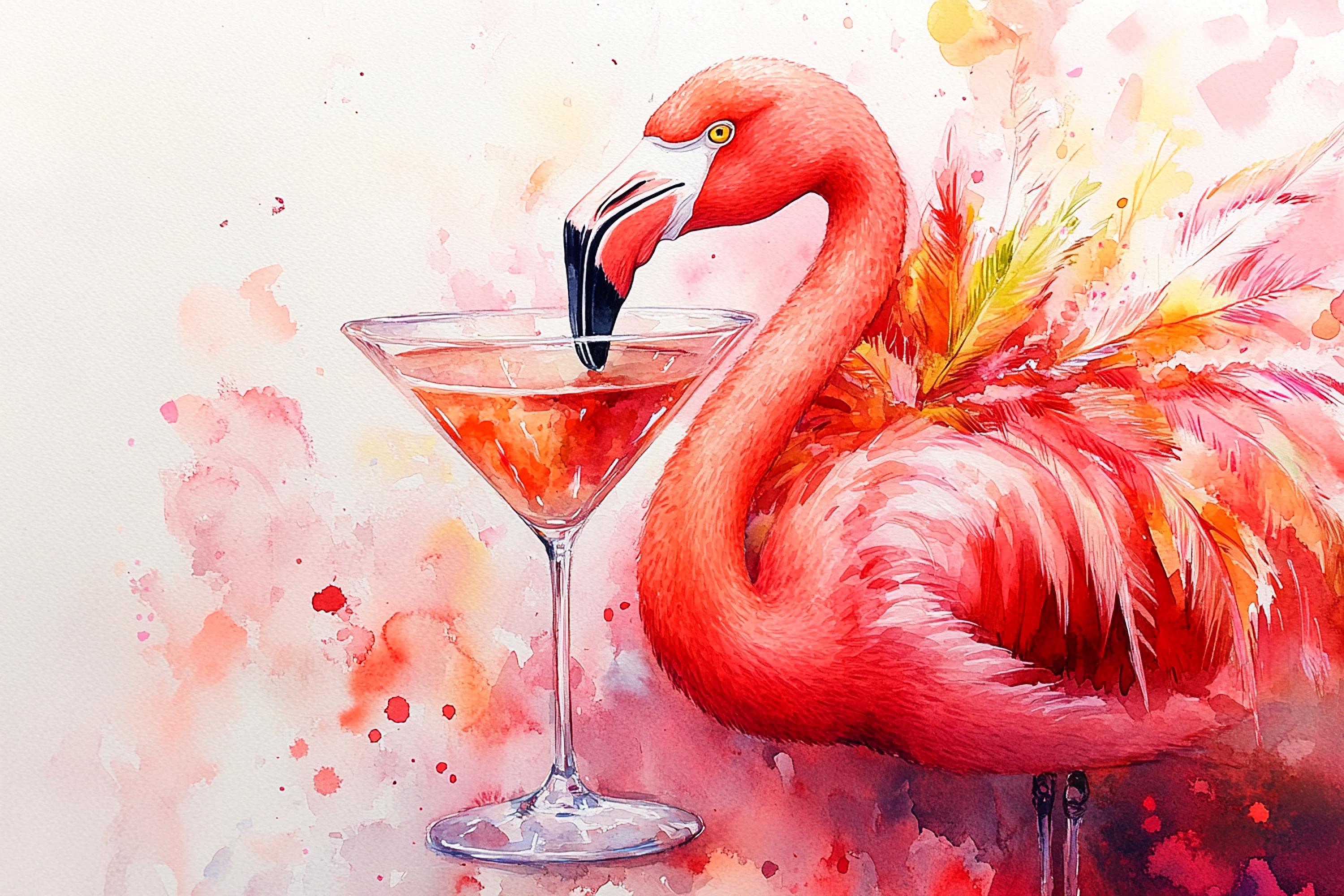 A vibrant watercolor painting depicts a flamingo standing next to a martini glass filled with a red drink, set against a background of pink and orange hues.