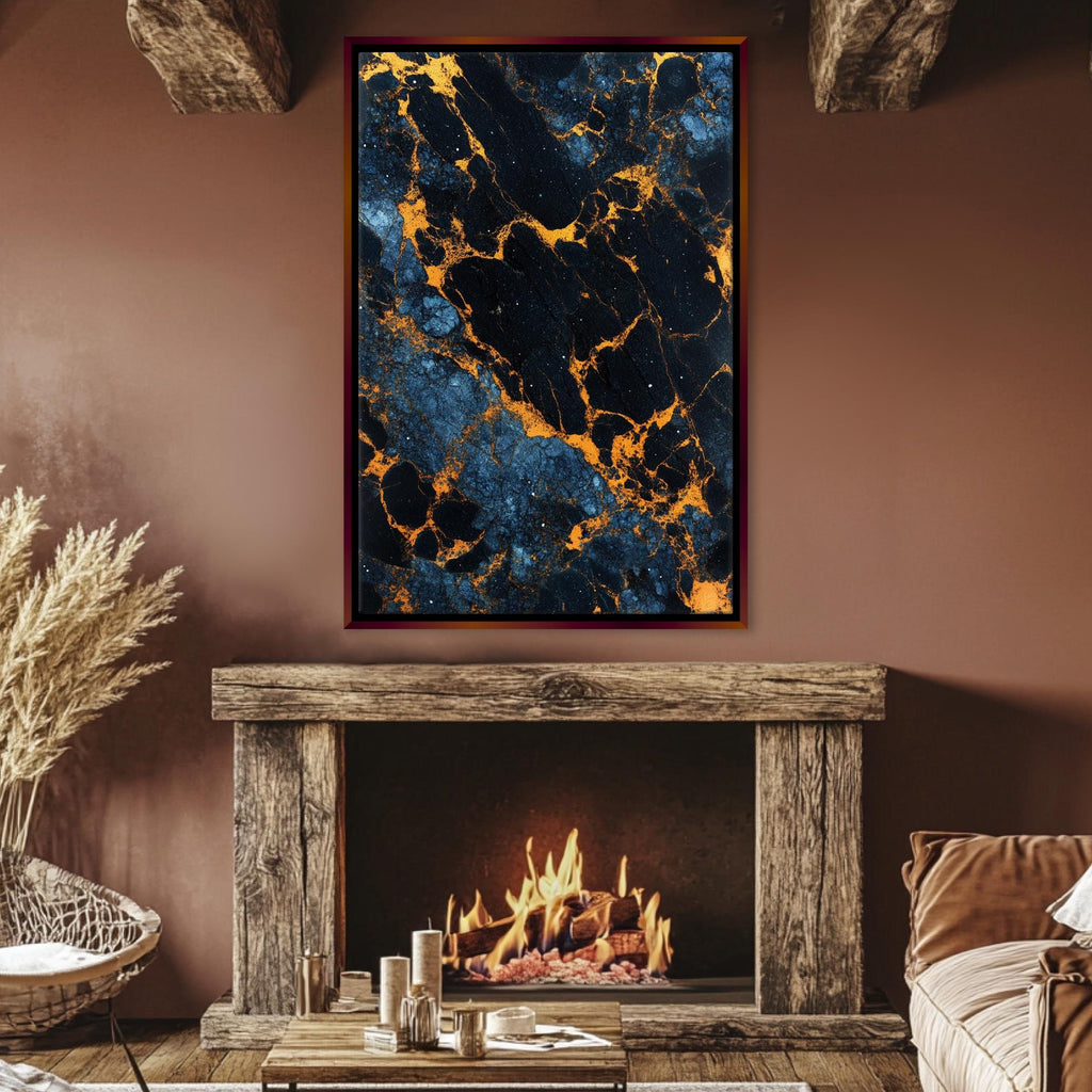 a living room with a fire place and a painting on the wall
