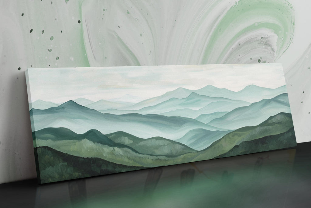 The image is a painting of a mountain landscape with rolling hills and a hazy, misty atmosphere.