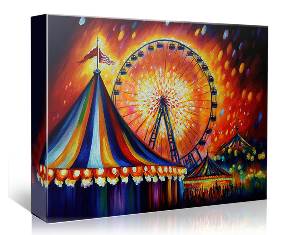 Carnival Canvas Wall Art – Vibrant Circus Painting Print With Ferris Wheel Giclee