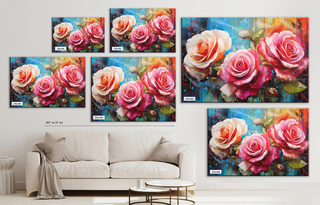 Pink and White Roses Canvas | Large Floral Wall Decor with Vibrant Alcohol Ink Style