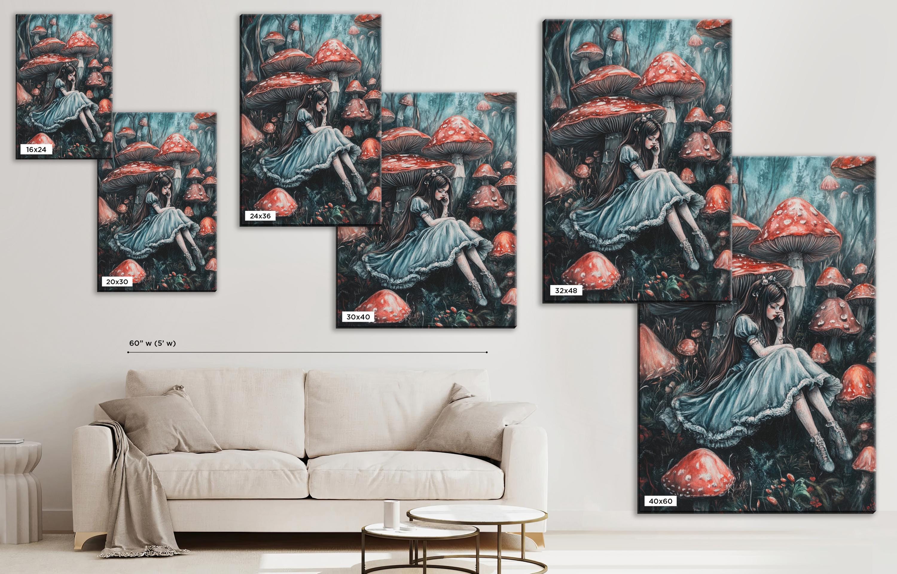 a living room with a couch and paintings on the wall
