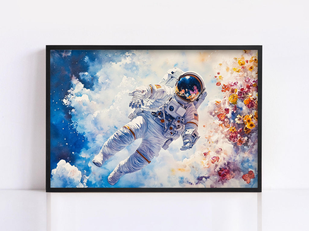 an astronaut floating in space, surrounded by a colorful floral display.