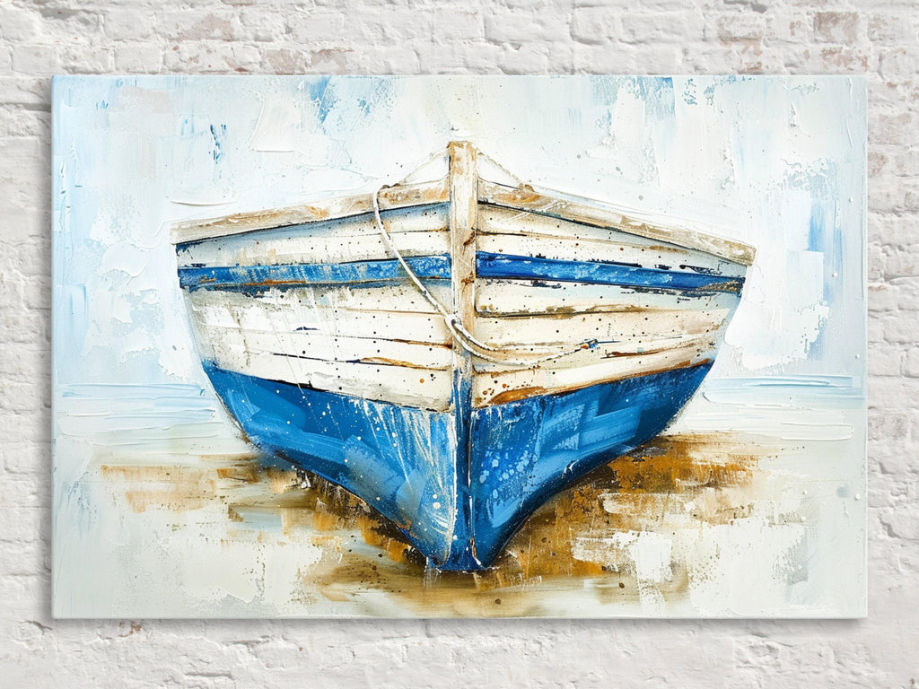 Coastal Blue White Boat - Gallery Wrapped Canvas | Extra Large Nautical Wall Art