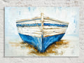 Coastal Blue White Boat - Gallery Wrapped Canvas | Extra Large Nautical Wall Art