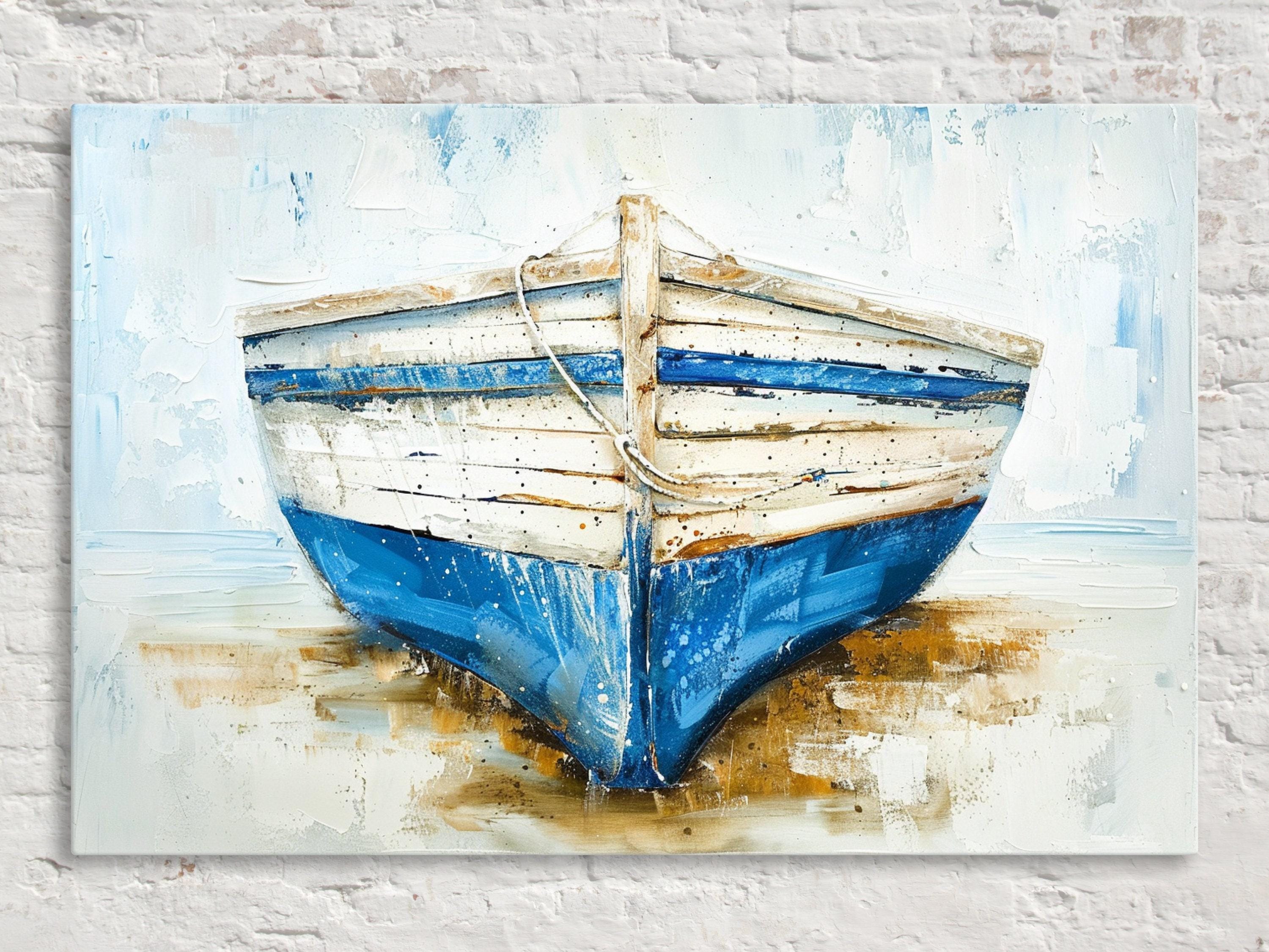 Coastal Blue White Boat - Gallery Wrapped Canvas | Extra Large Nautical Wall Art