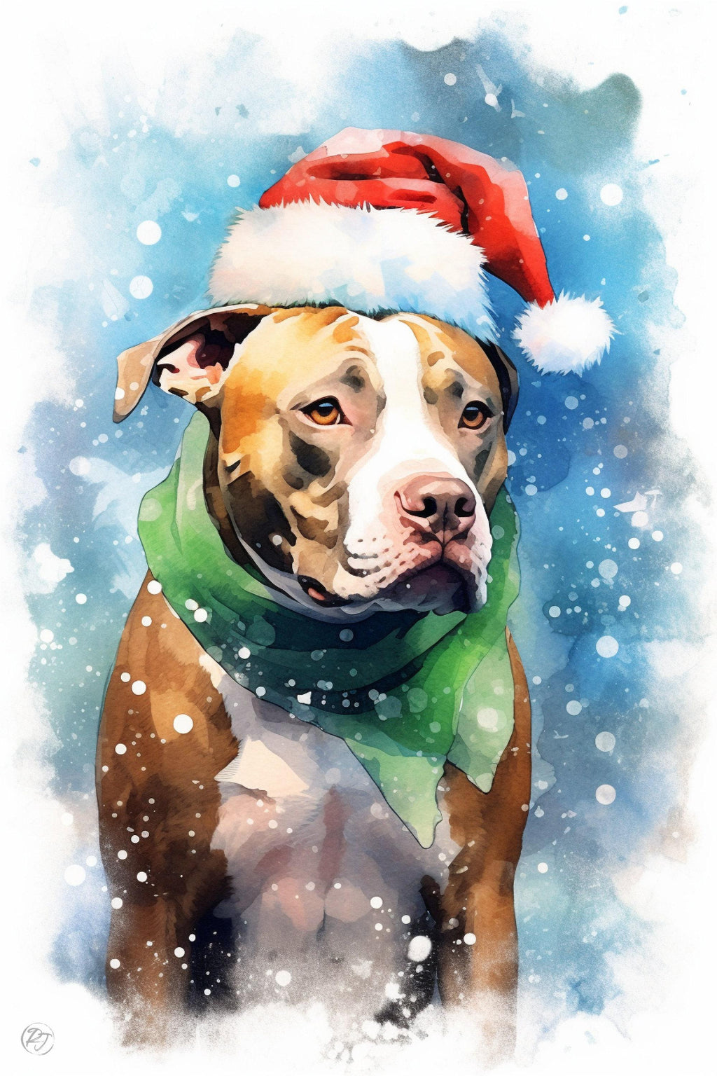 Festive Pitbull in Santa Hat Watercolor Art Print, Giclee Print on Canvas, Artist Paper, Watercolor Paper, Available in Extra Large Sizes