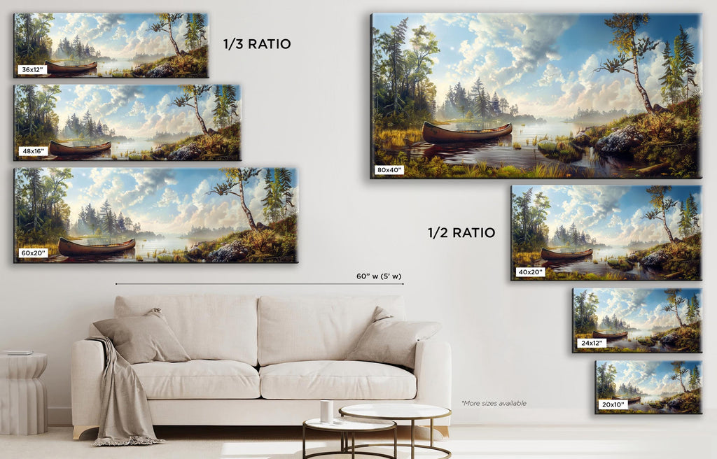 a white couch sitting next to a wall with paintings on it