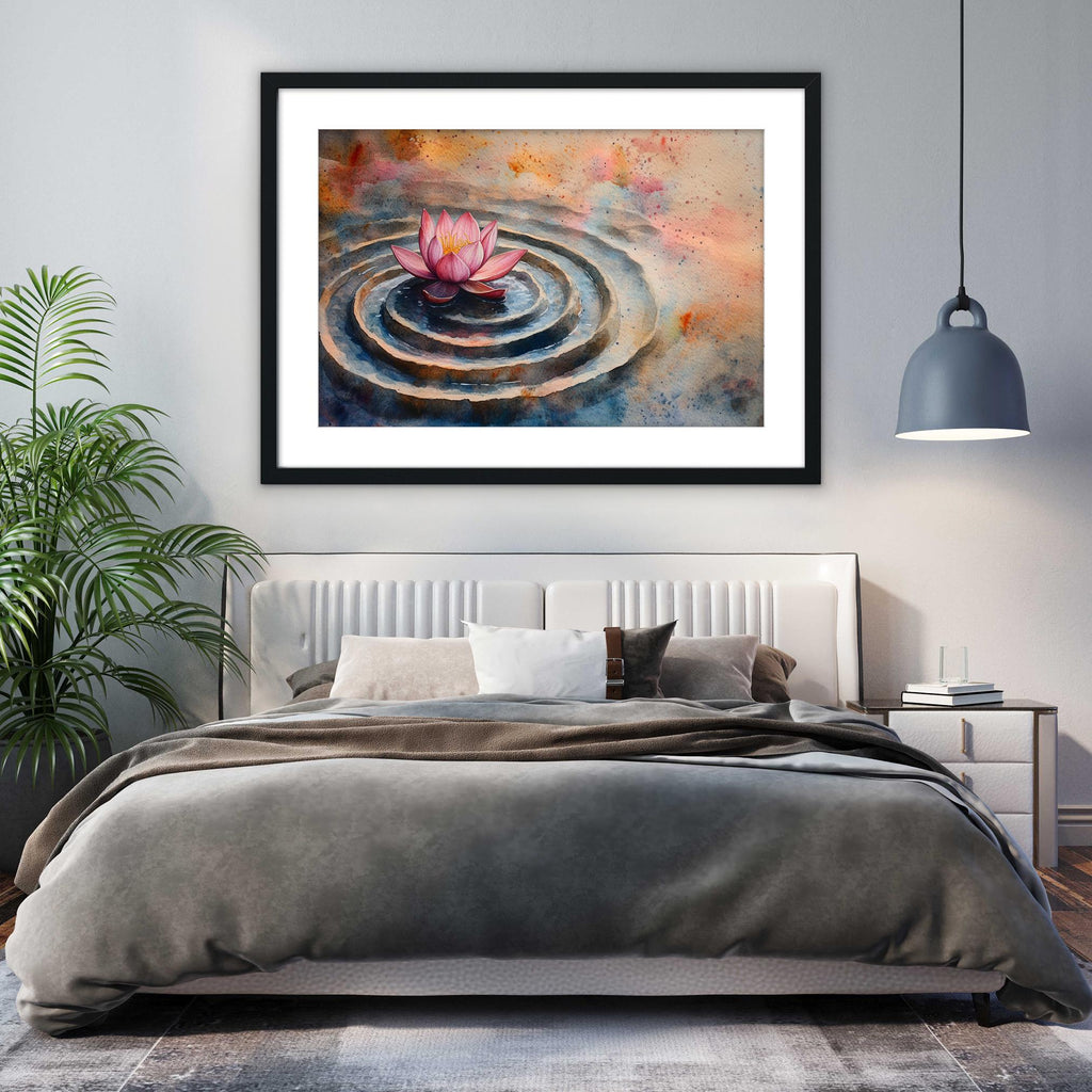 a bedroom with a large bed, a framed painting of a water lily on the wall, and a potted plant in the corner.