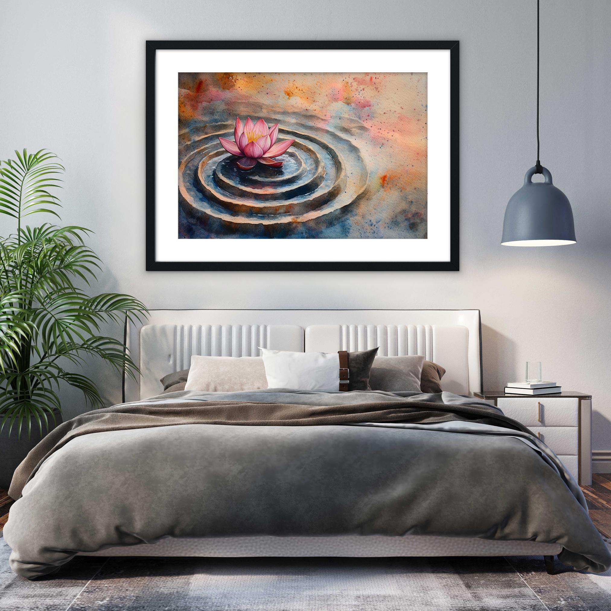 a bedroom with a large bed, a framed painting of a water lily on the wall, and a potted plant in the corner.