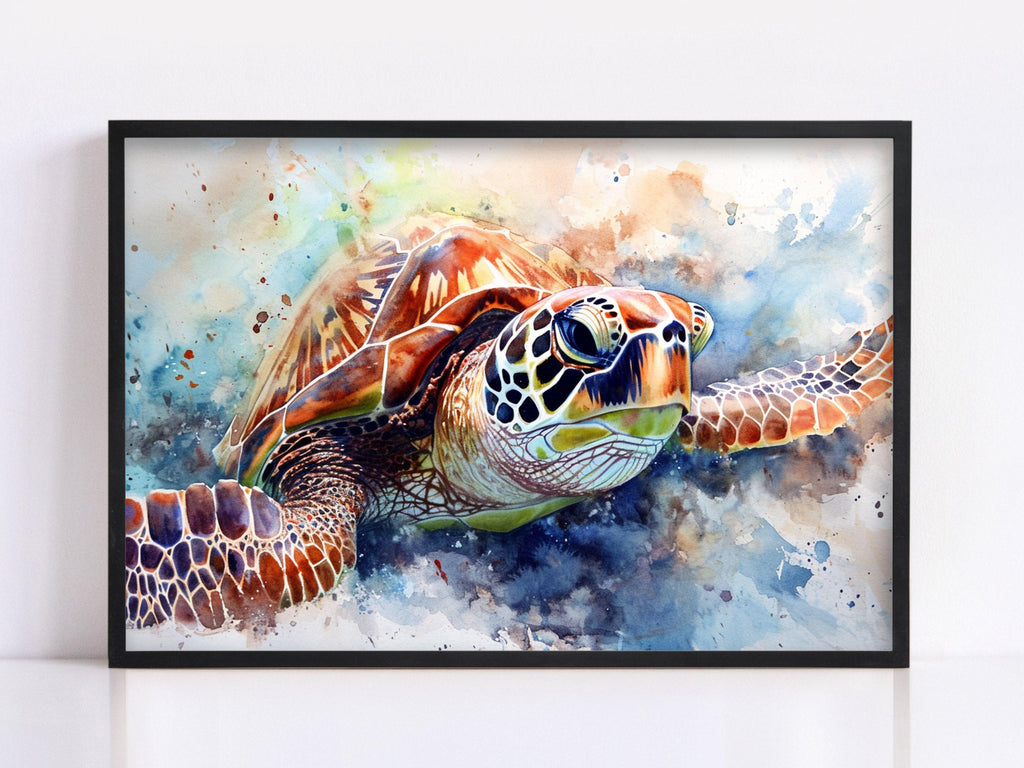 Playful Sea Turtle Watercolor Wall Art, Giclee Print on Canvas, Artist Paper, Watercolor Paper, Available in Extra Large Sizes