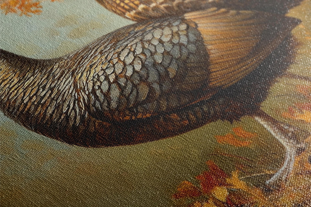 a close-up view of a detailed painting of a bird, likely a turkey, with its intricate feather patterns and colors.