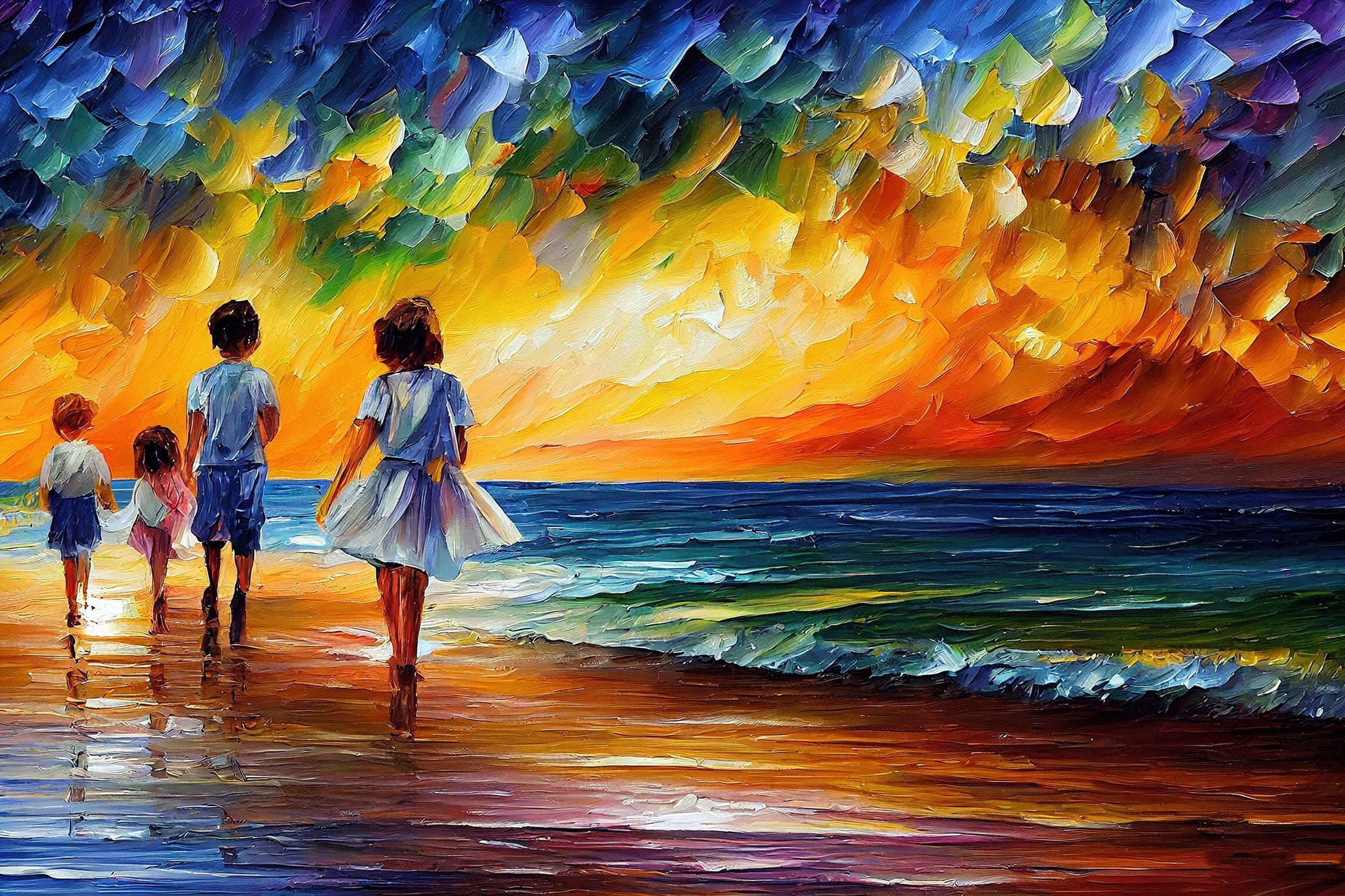 Beach Canvas Print – Vibrant Oil Painting of Children Playing | Gallery Ready Art