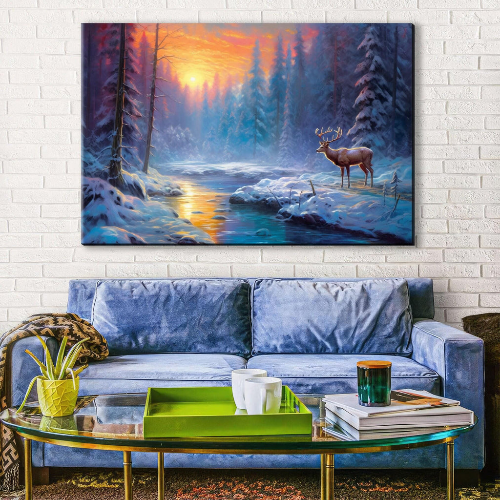 Winter Elk Canvas Art - Large Giclee Print | Rustic Winter Landscape Decor