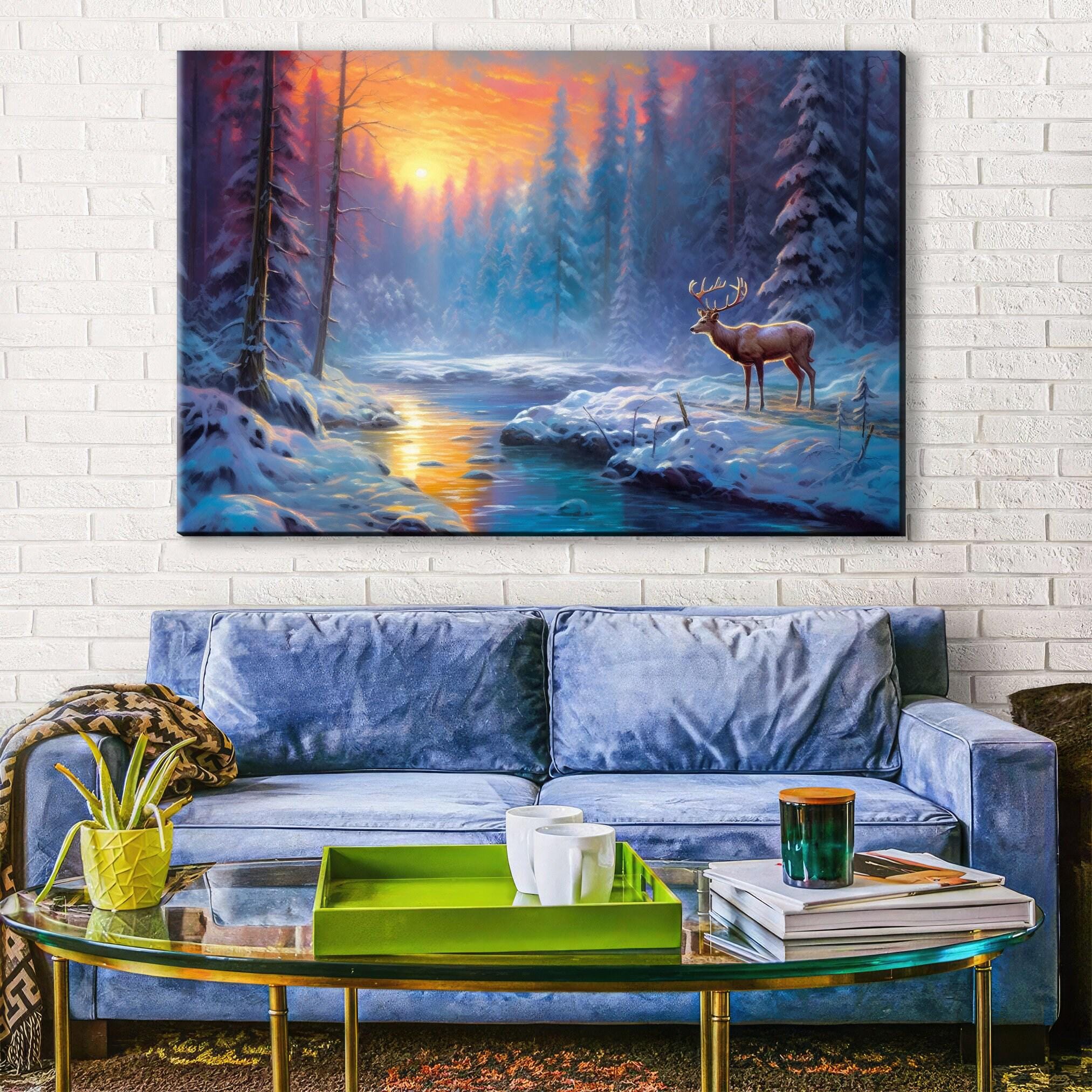 Winter Elk Canvas Art - Large Giclee Print | Rustic Winter Landscape Decor