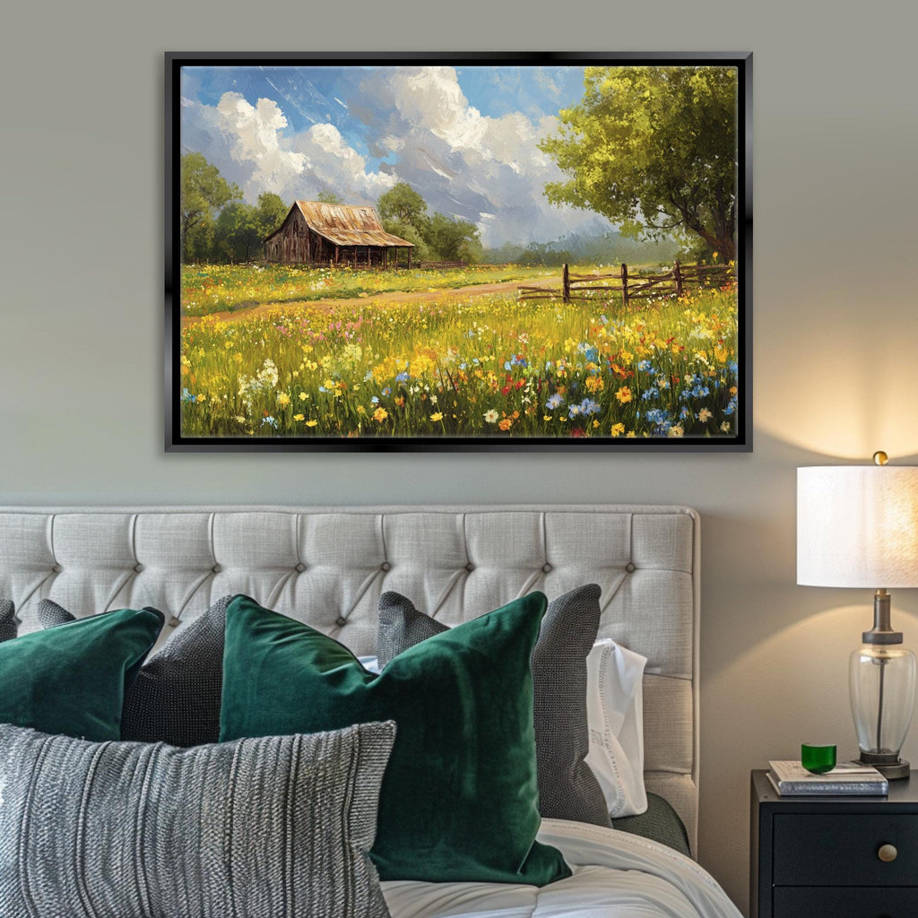 a bedroom with a bed and a painting on the wall
