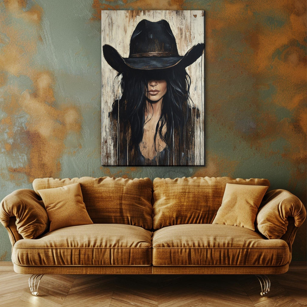 a painting of a woman wearing a cowboy hat