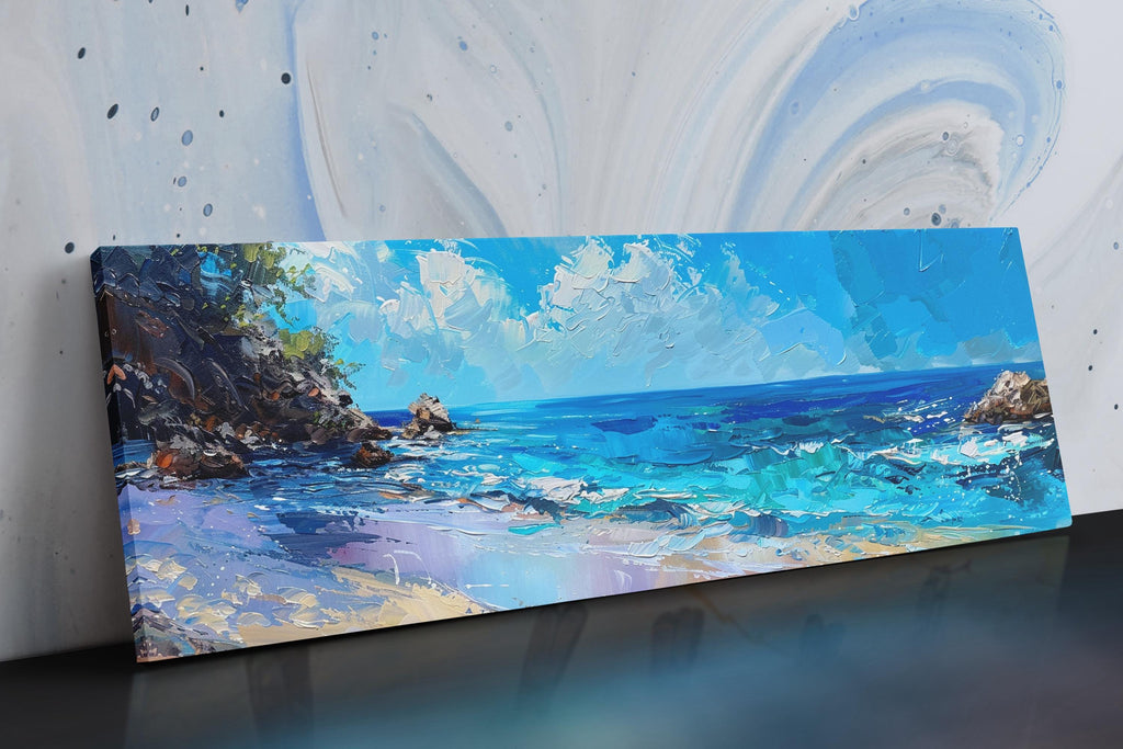 Coastal Wall Art - Large Framed Canvas With Blue Ocean Panorama, Ready to Hang