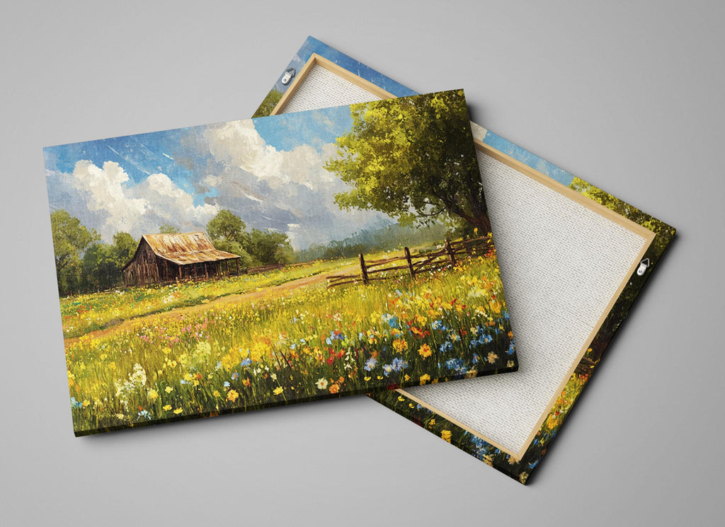 a painting of a barn and a field of flowers