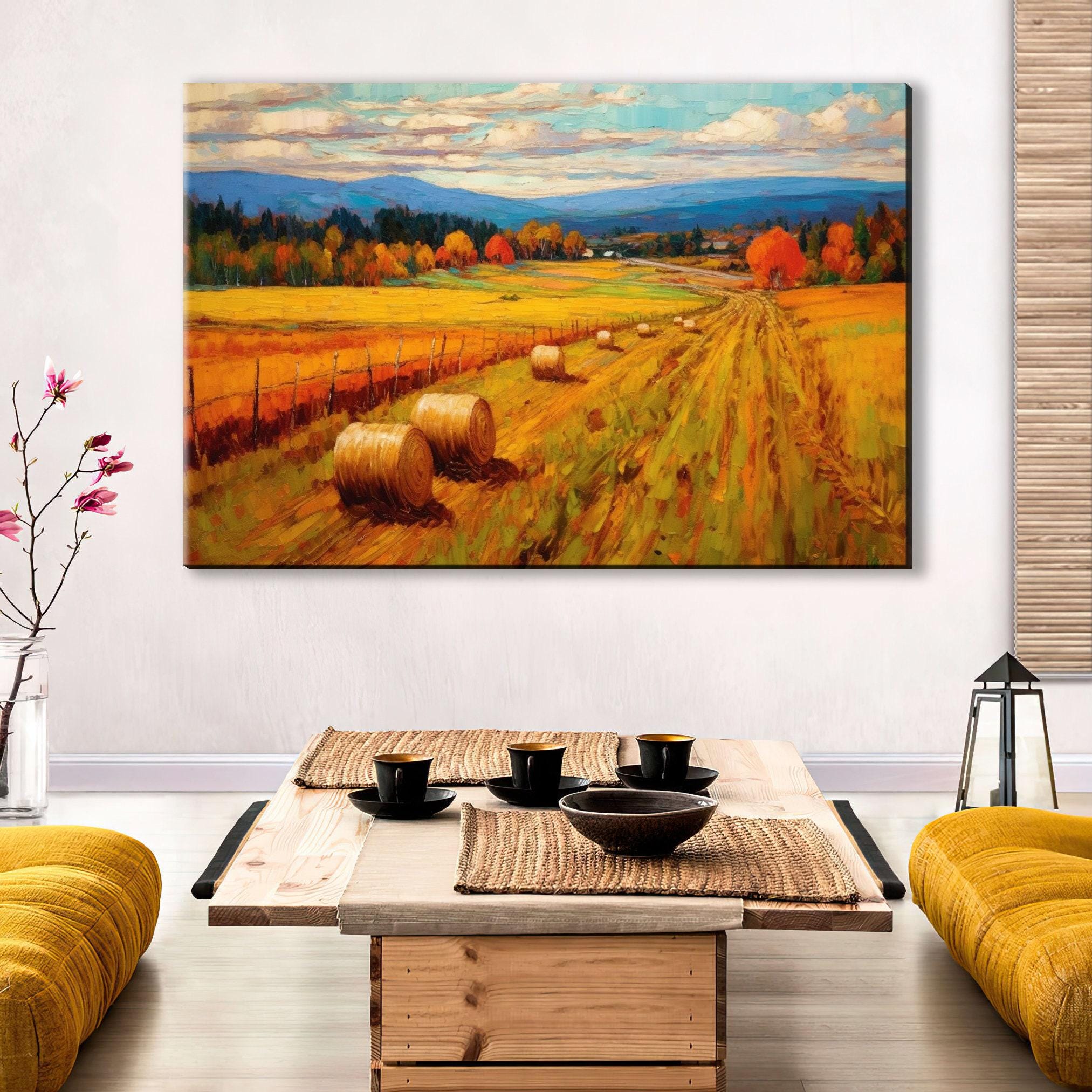 Rural Canvas Wall Art – Large Canvas Art with Hay Bale Painting, Rustic Home Decor