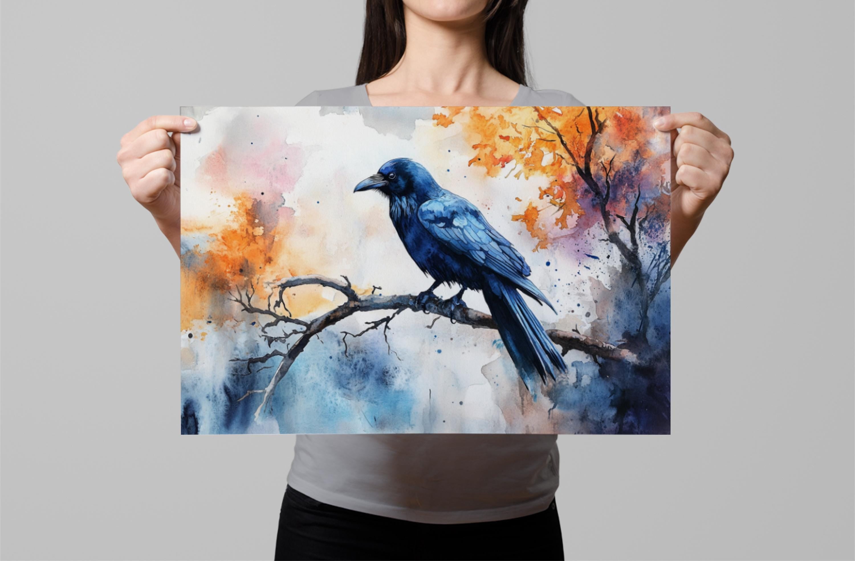 A woman holds up a framed painting of a blue bird perched on a branch, surrounded by a colorful autumnal landscape.