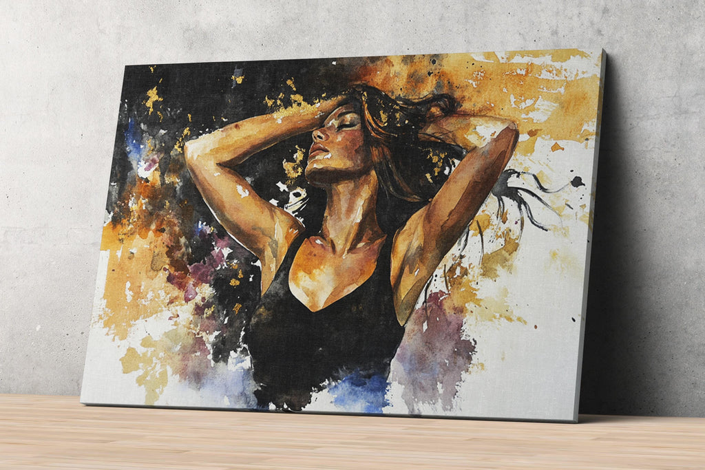 The image is a painting of a woman with her arms raised, wearing a black top.