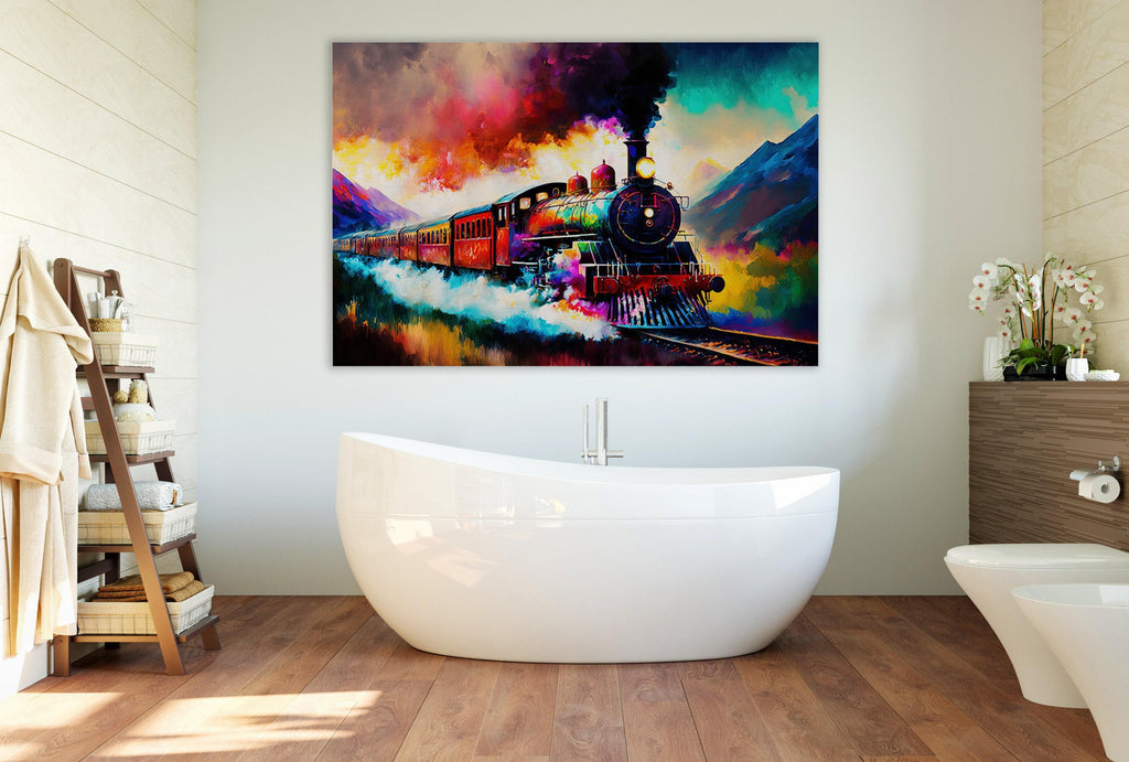 a large, colorful painting of a train on a track above a white bathtub in a bathroom.
