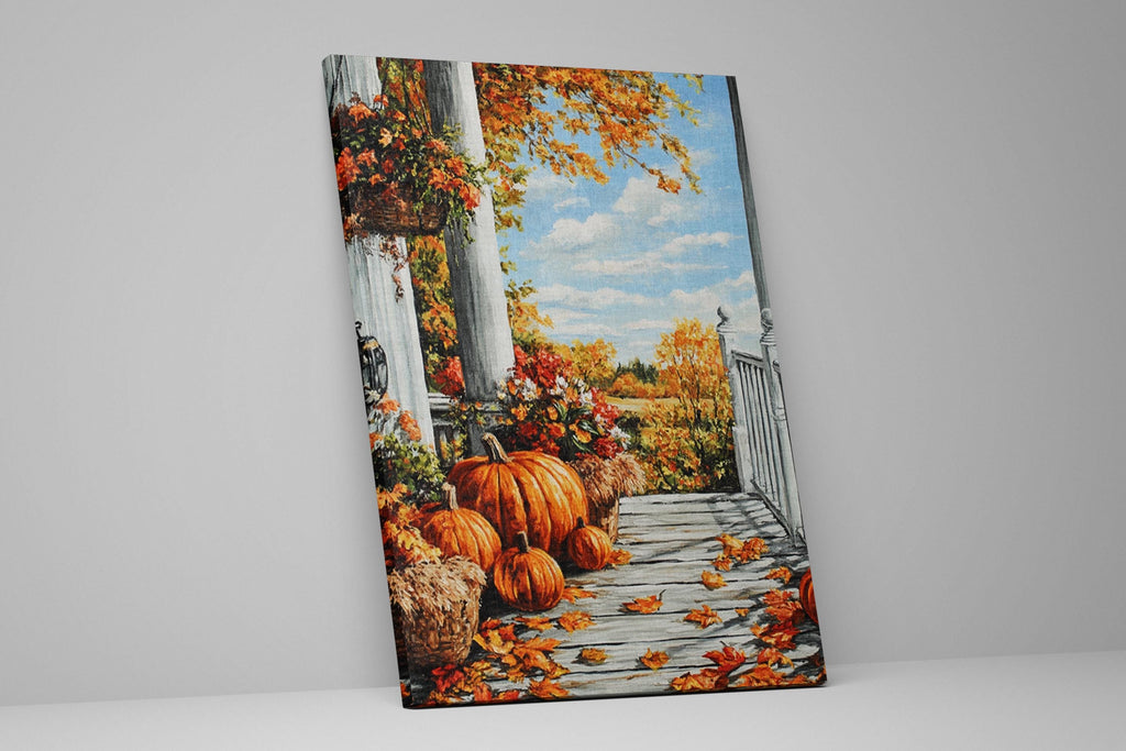 a porch with a white railing and a wooden floor, adorned with several pumpkins and baskets of leaves. The pumpkins are orange and the leaves are orange, creating a warm and autumnal atmosphere.